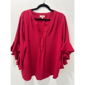 Gigio Plus Red Ruffle Sleeve Blouse Textured Pleated V-Neck Top PS2011 2XL